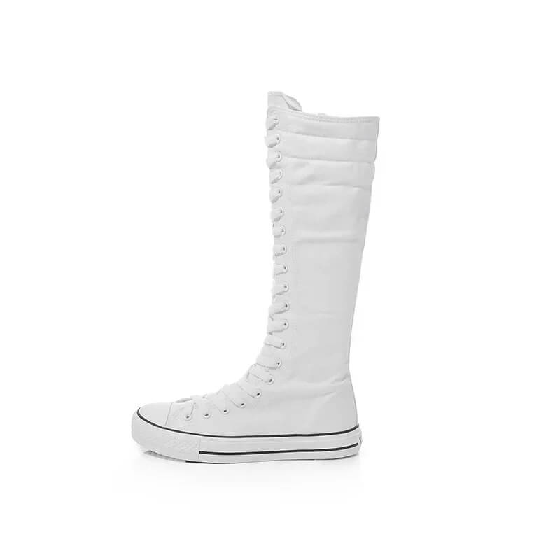 White canvas women's lace-up mid calf sneakers in rock style with trendy design.