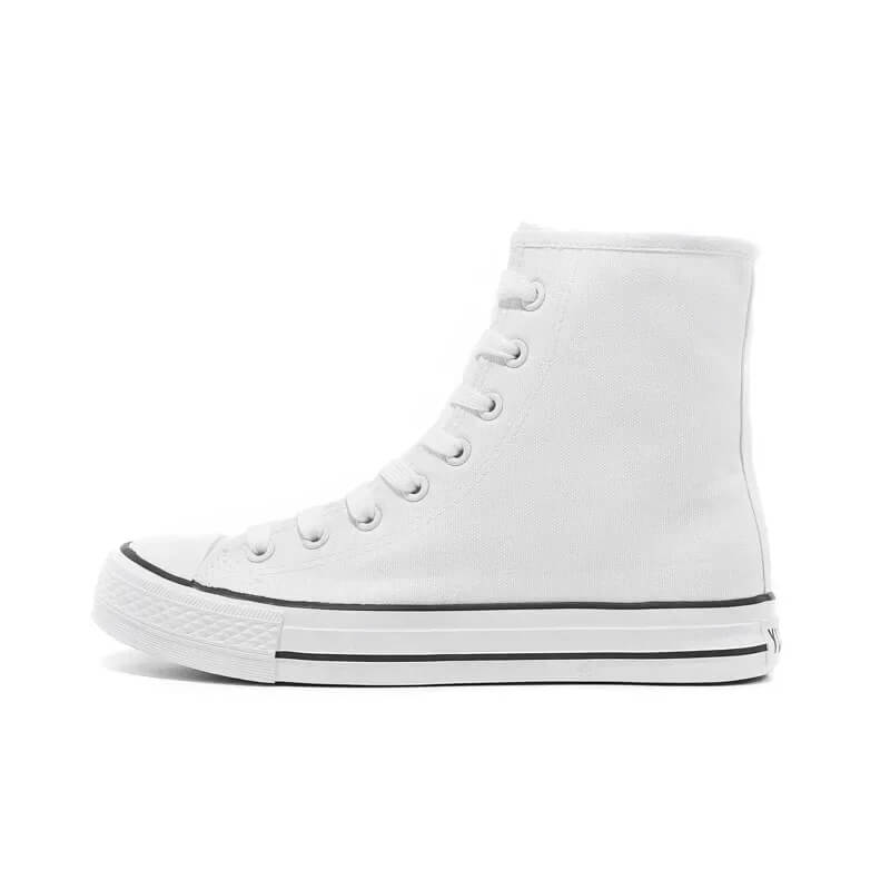 White canvas mid-calf sneakers for women, featuring lace-up design and rock style for a cool punk look.