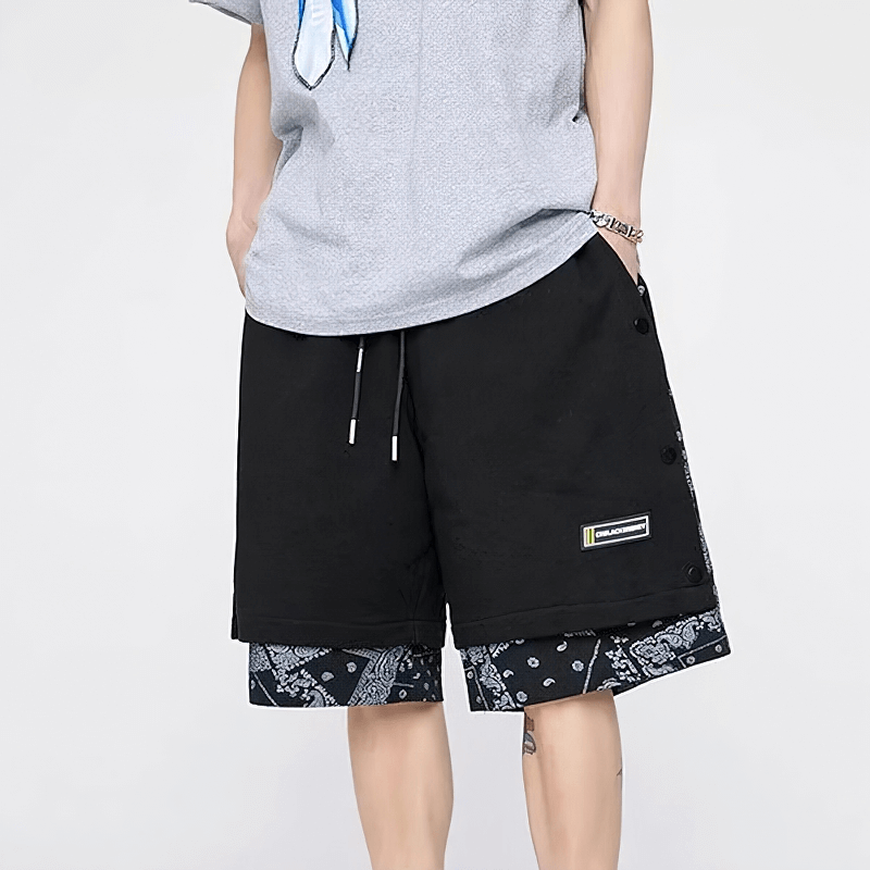 Men's casual punk style drawstring shorts with print, featuring a baggy silhouette and lightweight fabric.