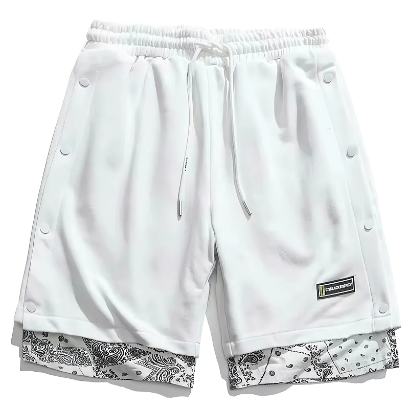 White drawstring shorts with punk-style print trim for men, perfect for casual outfits and rebellious flair.