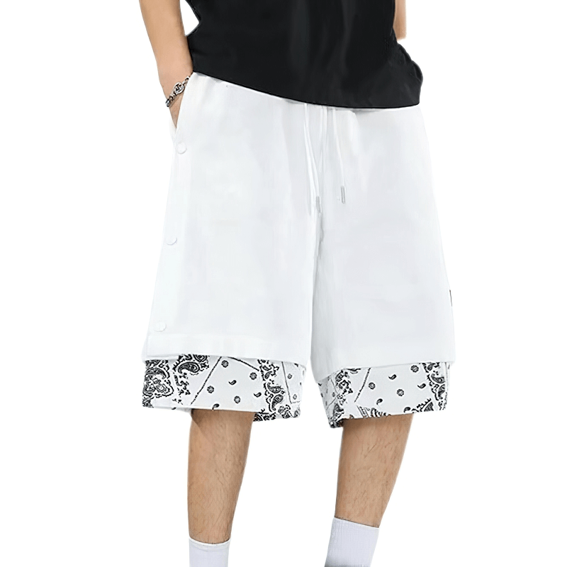 Casual men's punk style drawstring shorts in white with black print for a trendy, rebellious look.