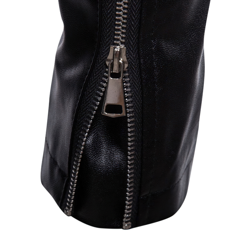 Close-up of a silver zipper on a men's black PU leather biker coat with a sleek and stylish design.