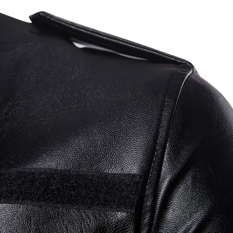 Close-up of black PU leather biker coat with detailed stitching and silver zipper, showcasing stylish design and quality material.