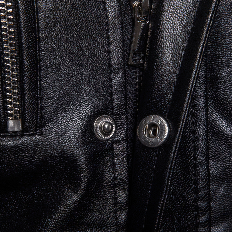 Close-up of men's black PU leather biker coat with silver zipper and buttons, highlighting the stylish and durable material.