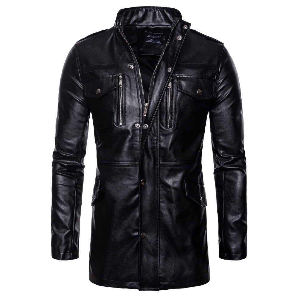 Men's black PU leather biker coat with silver zipper and buttons, stylish fitted design for casual and motorcycle outfits.