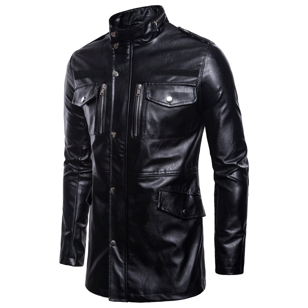 Men's black PU leather biker coat with zippers and buttons, stylish casual motorcycle jacket.