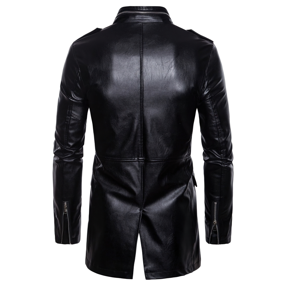 Men's black PU leather motorcycle biker coat with zipper, casual style, rear view showing sleek fitted design and detailing.