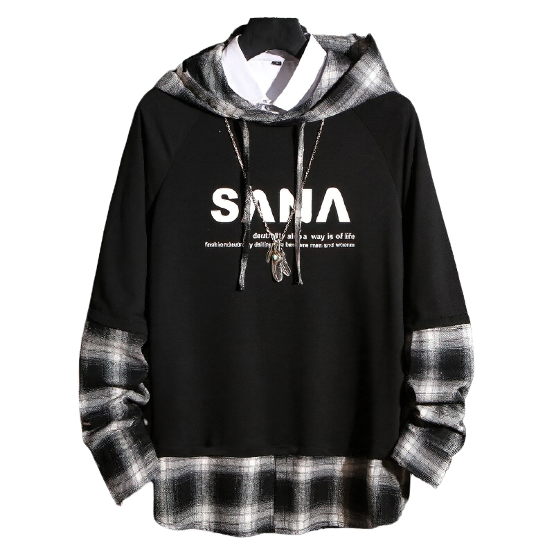 Casual men's oversized hoodie with stylish letter print and checkered sleeves, perfect for trendy daily wear.