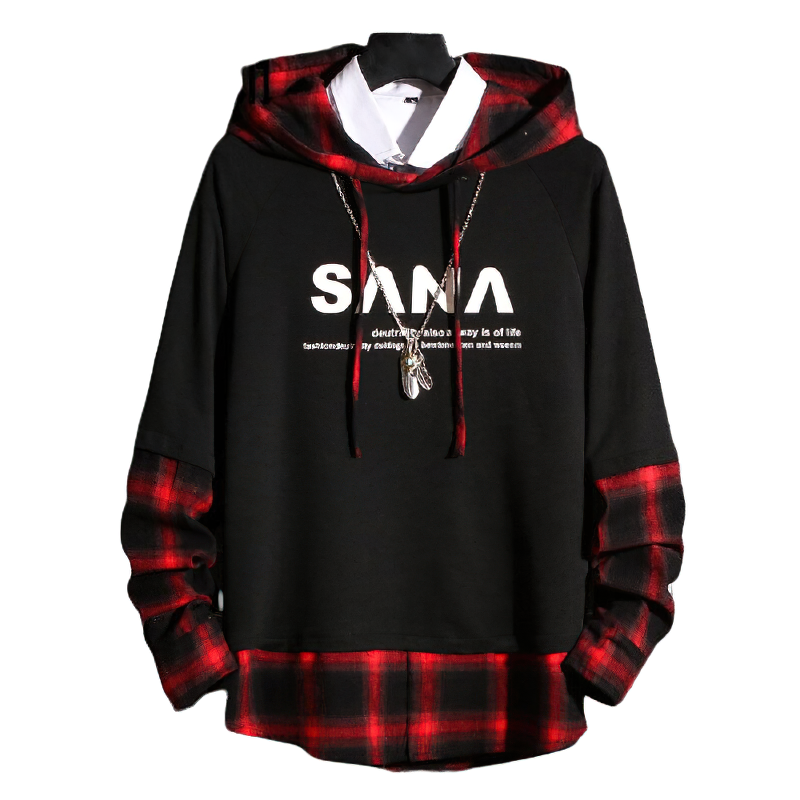 Trendy men's oversized hoodie in black with stylish checkered print and letter design, perfect for casual wear.