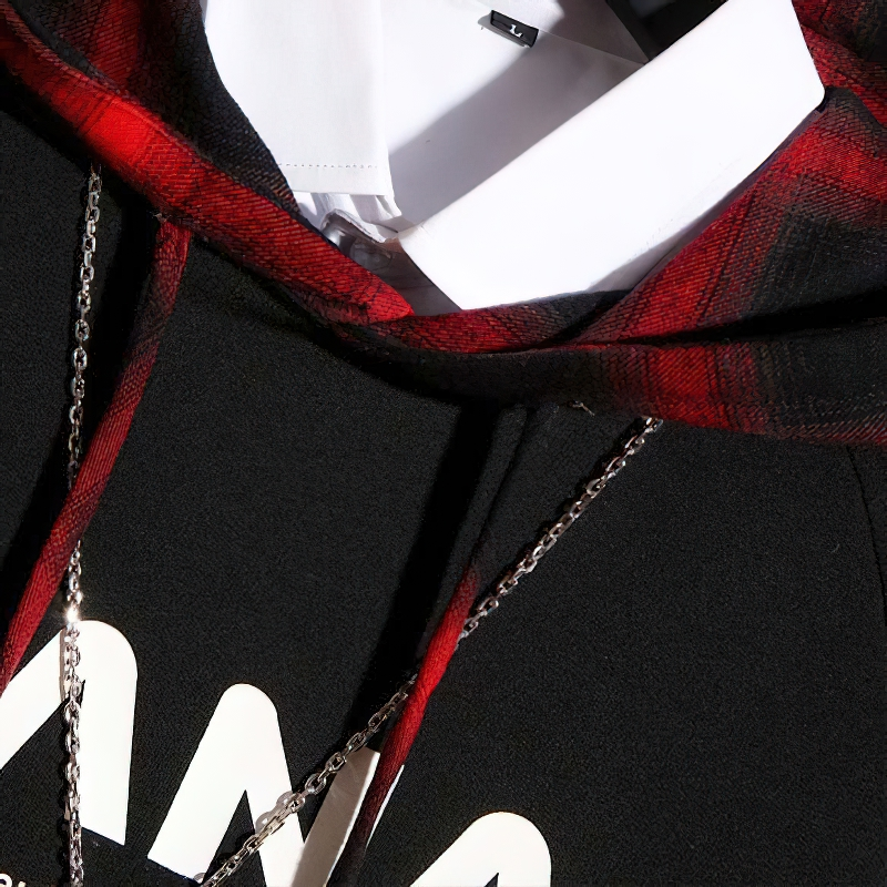 Casual men's oversized hoodie with stylish letter print and checkered flannel details.