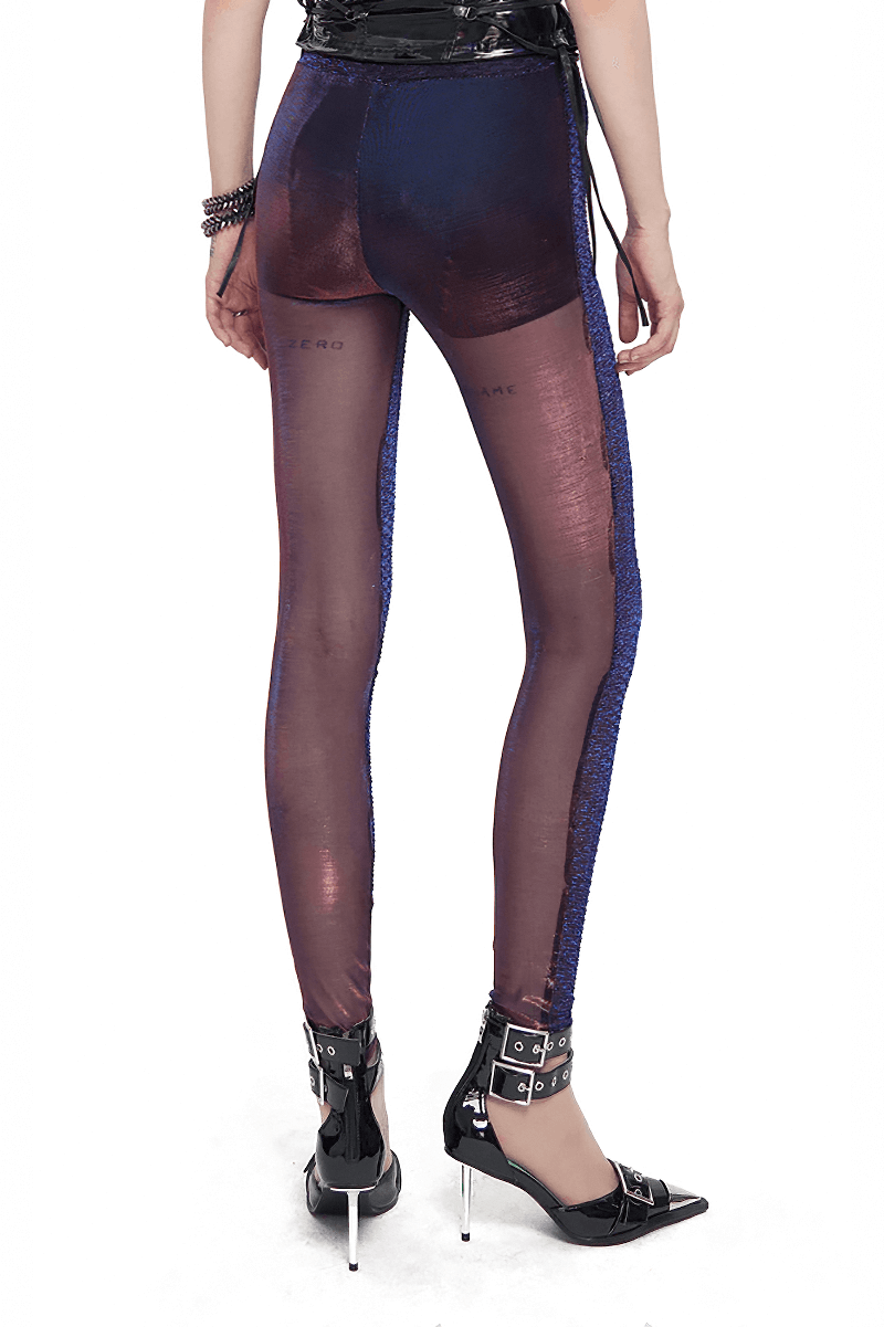 Trendy women's purple transparent leggings with elastic waist, perfect for casual or gothic style outfits.