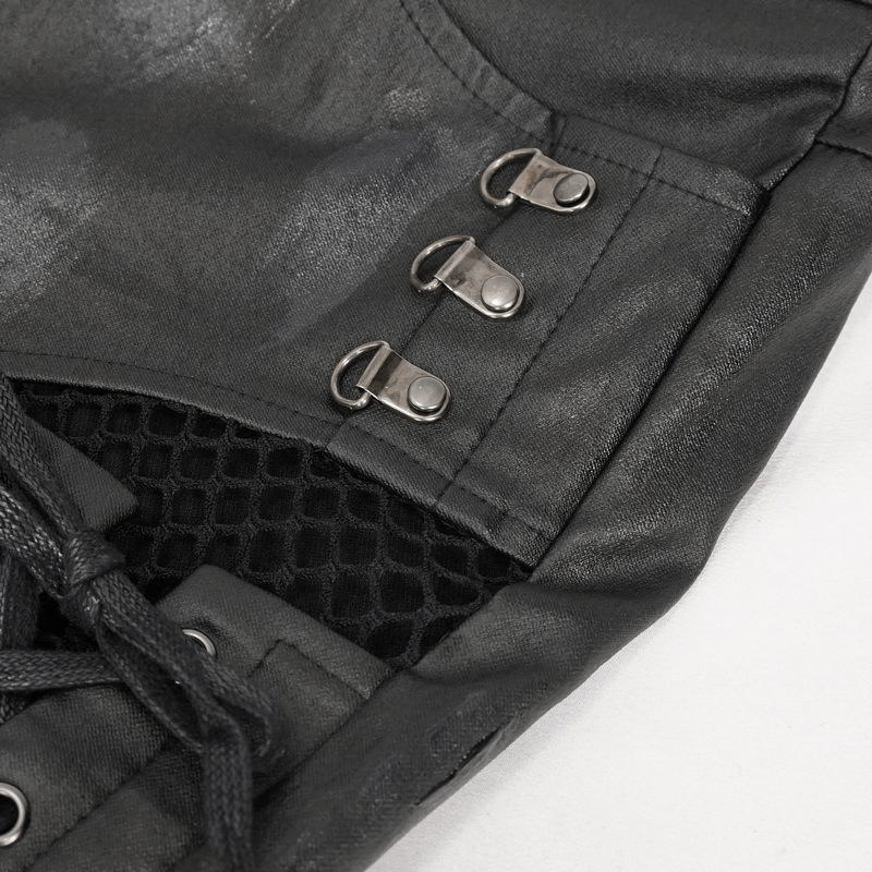 Close-up of punk-inspired casual pants, featuring lace-up sides and edgy metal zippers for a stylish look.