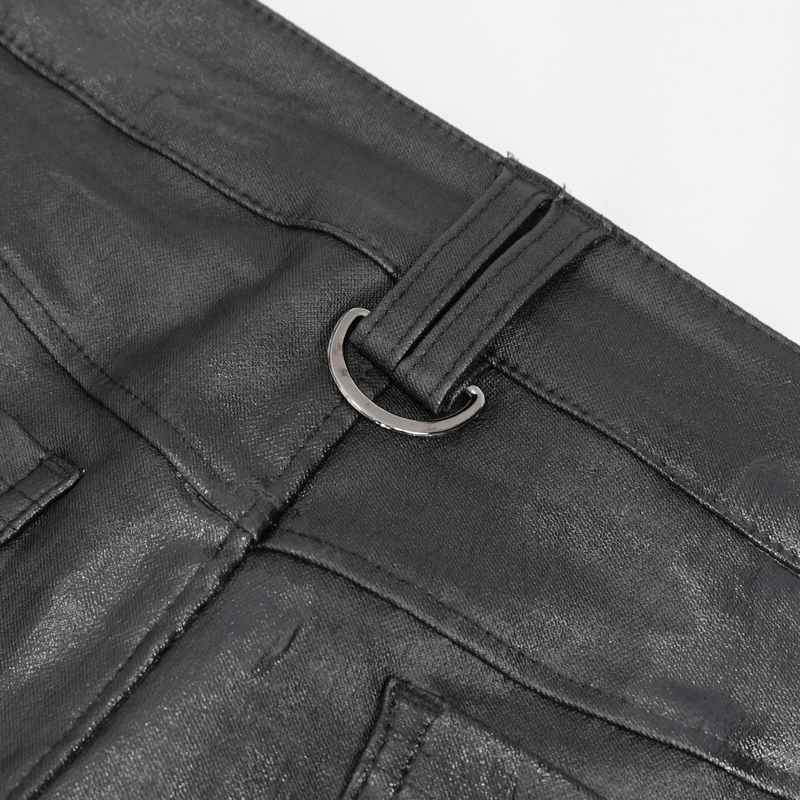 Close-up of the stylish buckle detail on black casual slim fit pants with lace-up sides.