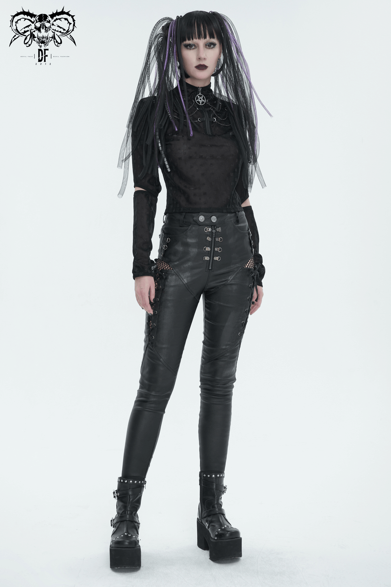 Model showcasing punk chic slim-fit pants with lace-up sides and edgy eyelet details, embodying casual comfort.