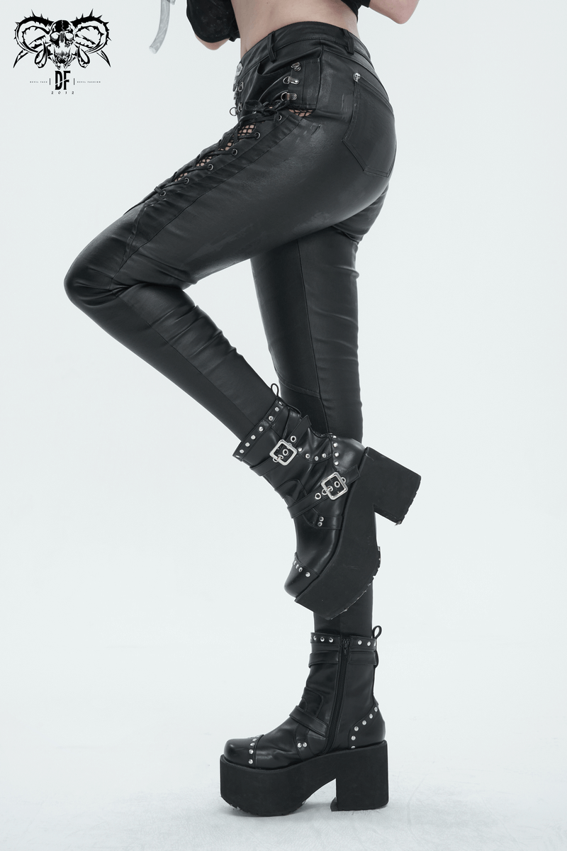 Chic punk-inspired women's slim fit pants with lace-up sides and edgy eyelets, styled with bold platform boots.