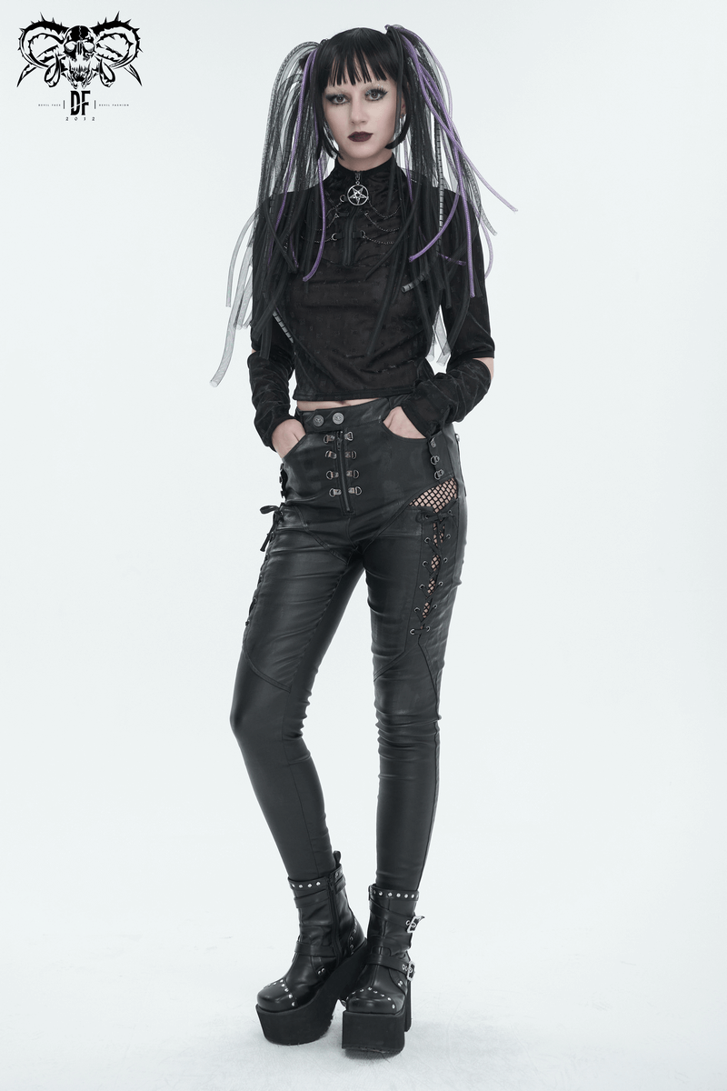 Punk-inspired look featuring lace-up side pants and edgy details, ideal for casual chic style.