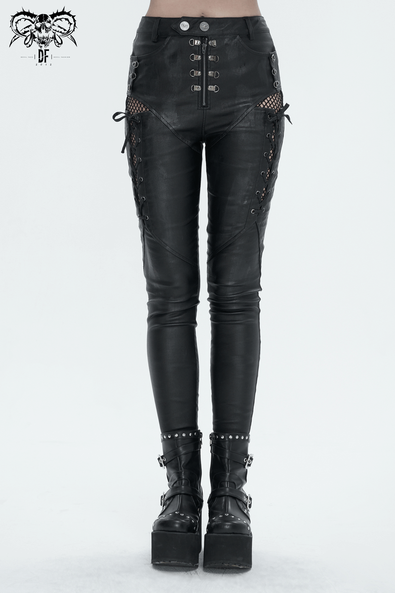 Black slim fit lace-up pants with eyelets and punk zipper detail, perfect for a bold casual style.