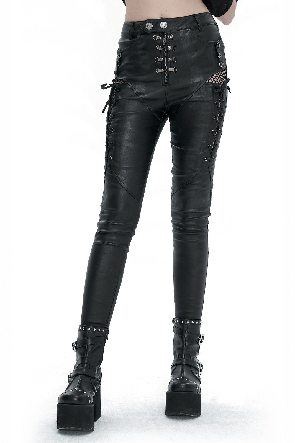 Casual slim fit black pants with lace-up sides and punk eyelet details for a stylish and edgy look.