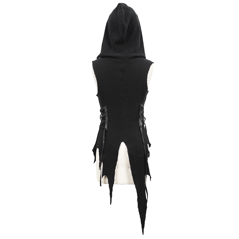 Casual Women's Hooded Asymmetrical Cape Sleeveless / Punk Black Slim Irregular Hoodie for Halloween - HARD'N'HEAVY