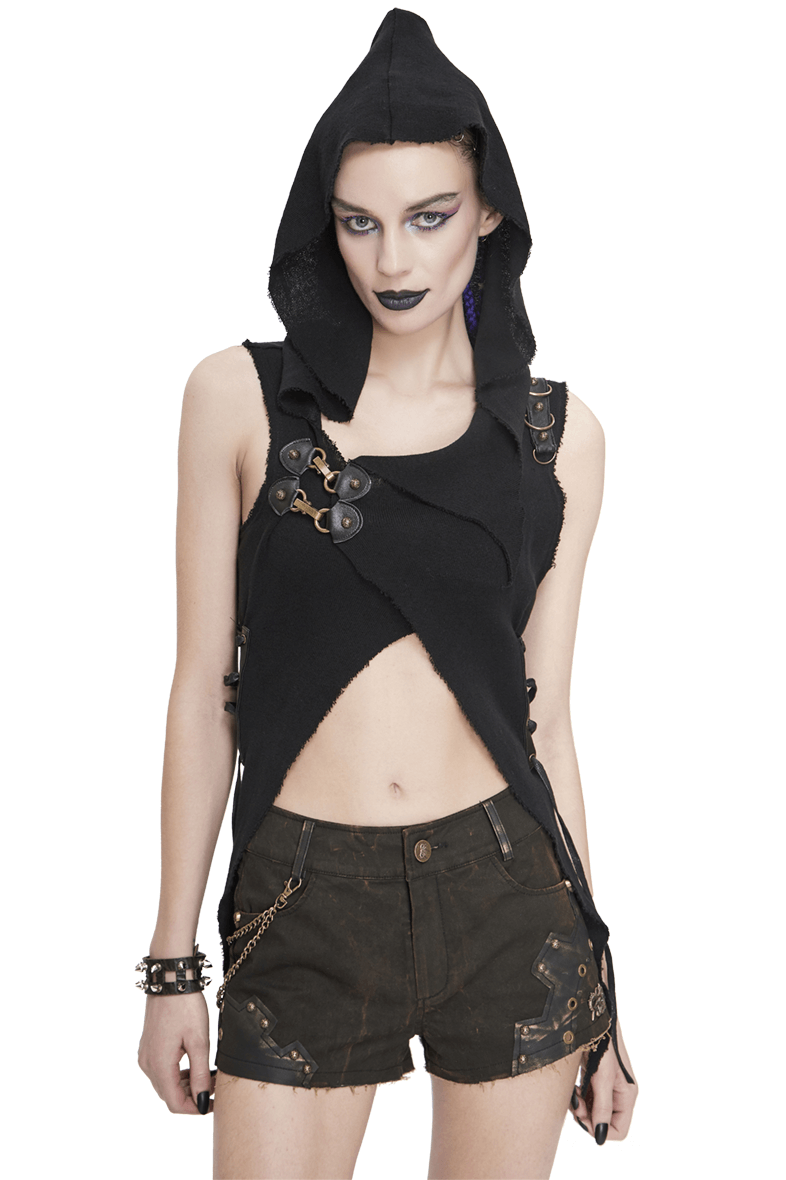 Casual Women's Hooded Asymmetrical Cape Sleeveless / Punk Black Slim Irregular Hoodie for Halloween - HARD'N'HEAVY