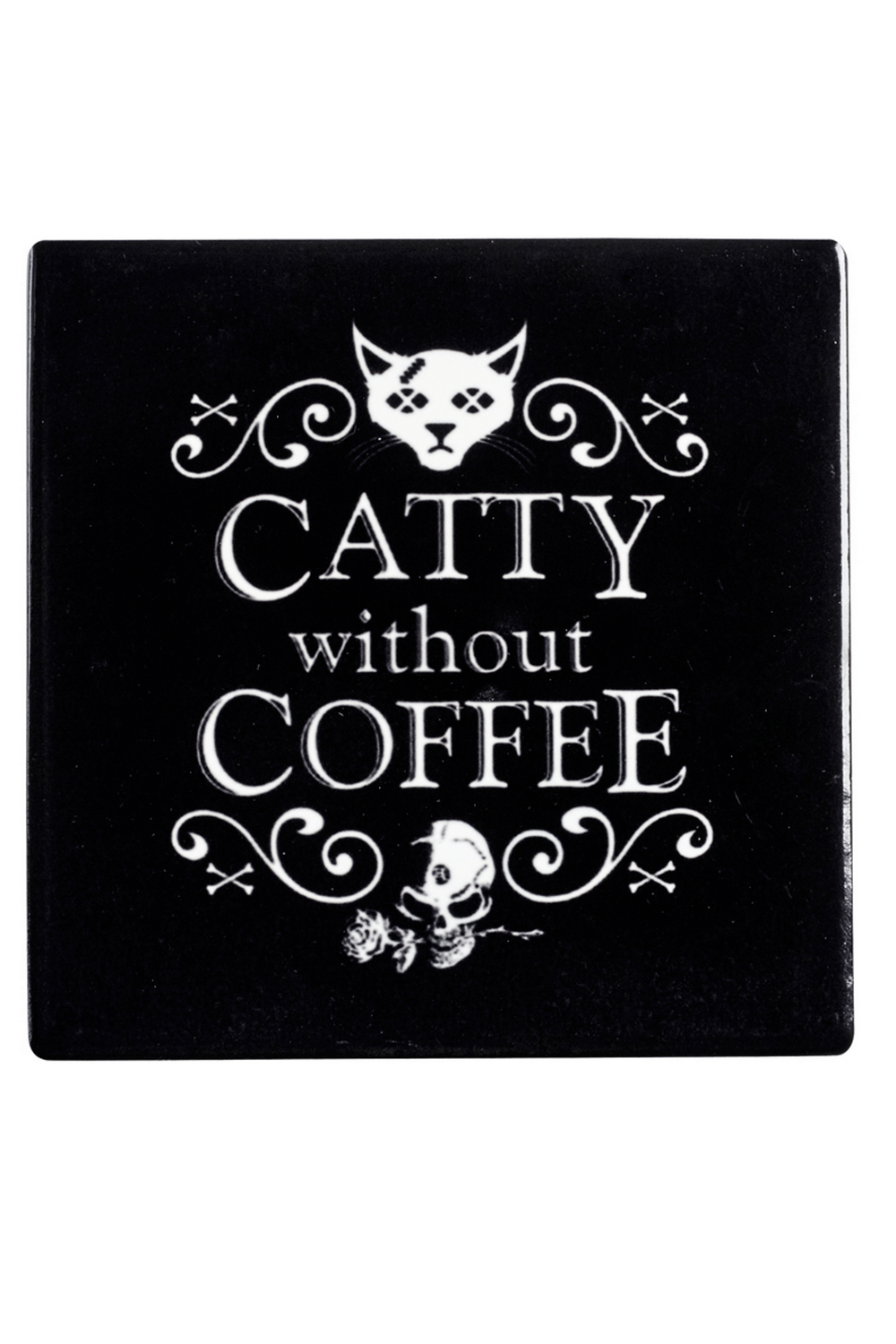 Gothic Catty Without Coffee ceramic coaster featuring cat and skull design for quirky home decor.