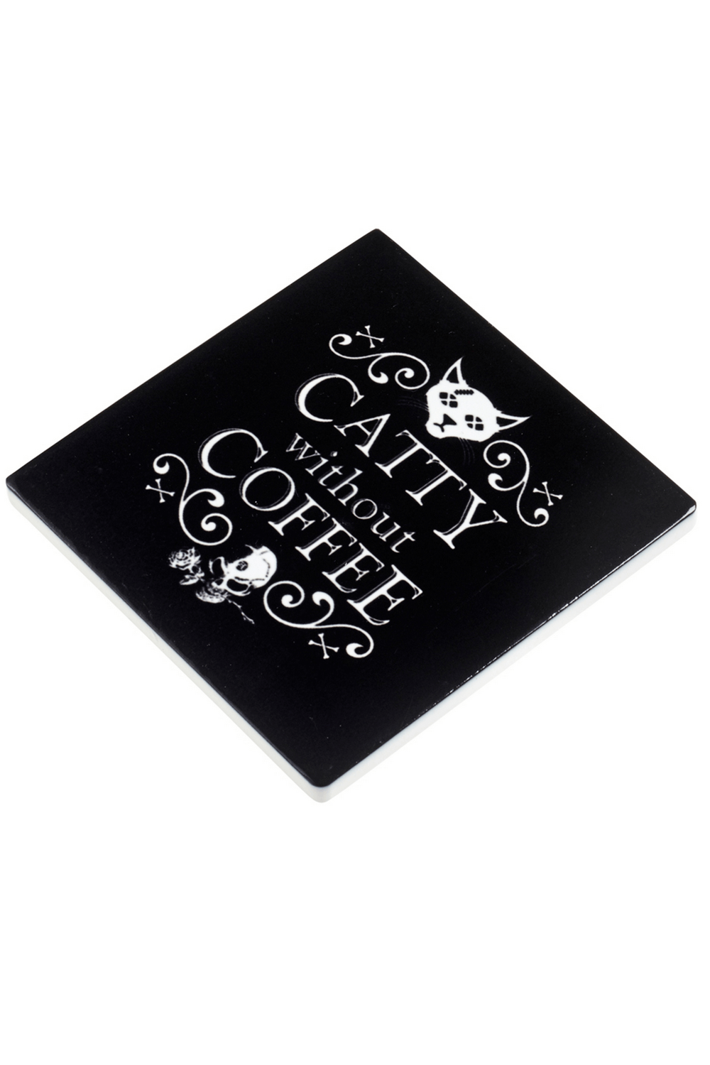 Gothic Catty Without Coffee ceramic coaster featuring skull and cat design, perfect for quirky home decor.