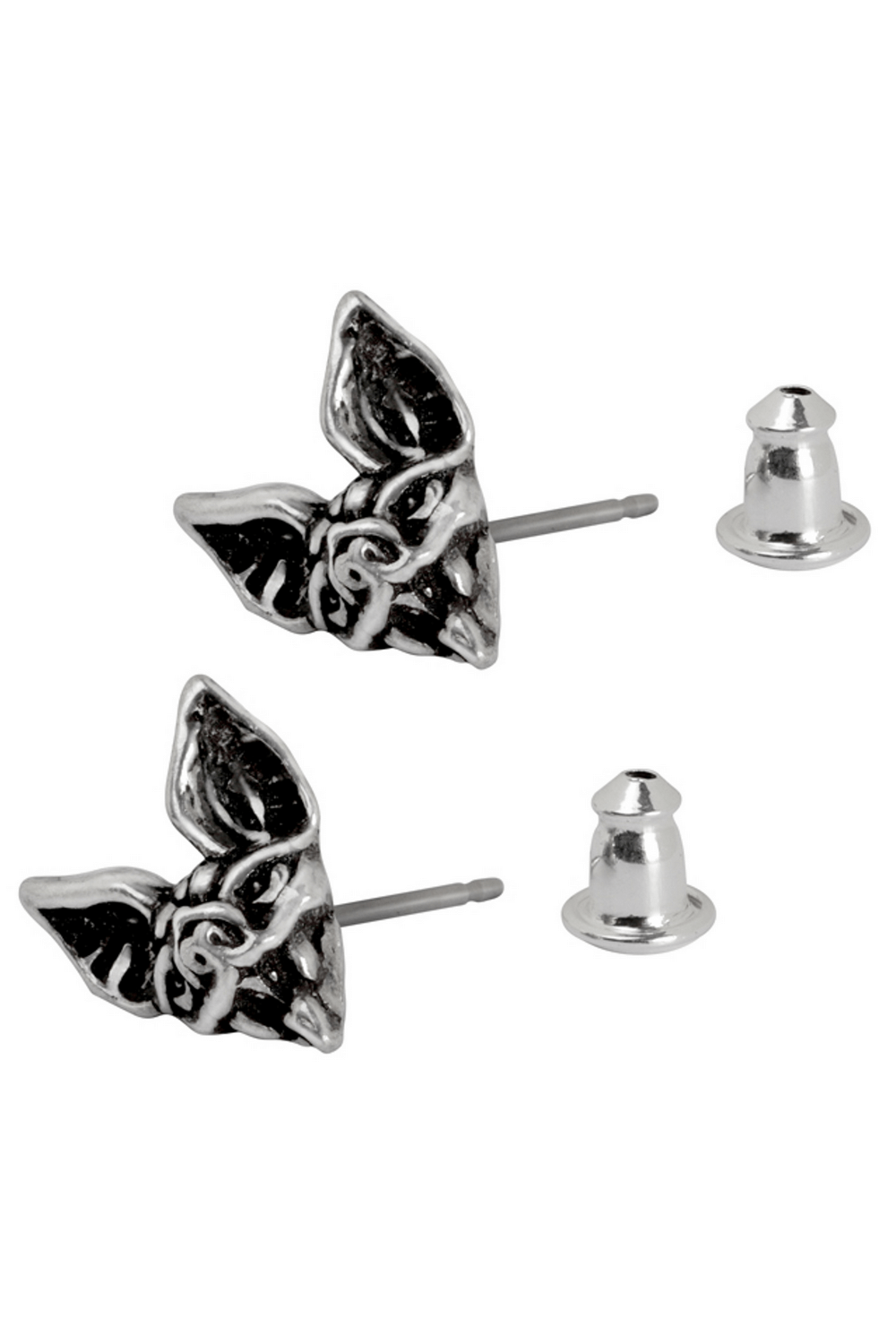 Cauchemar bat head stud earrings in silver, perfect for gothic and punk style lovers.