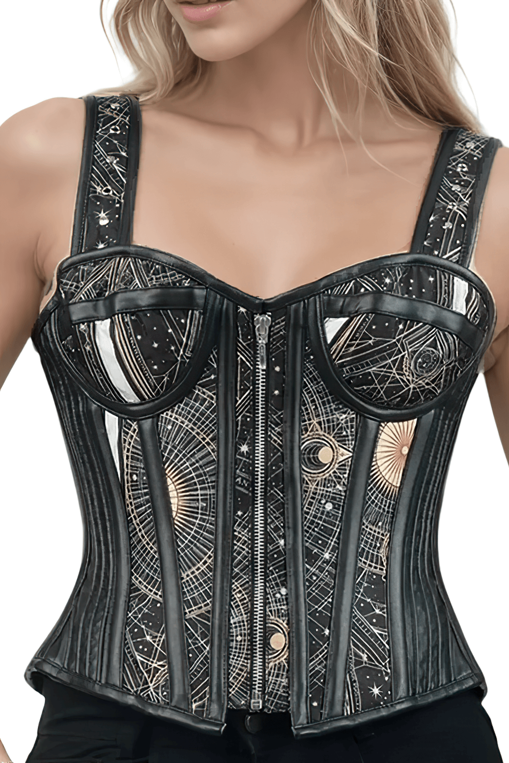 Celestial Chart Overbust Corset with Zodiac Scrolls featuring intricate celestial detailing and faux leather accents.
