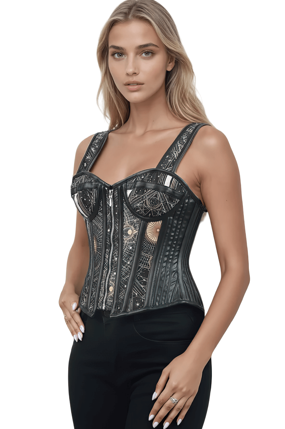 Celestial Chart Overbust Corset with Zodiac Scrolls showcasing astrological details and modern gothic style.