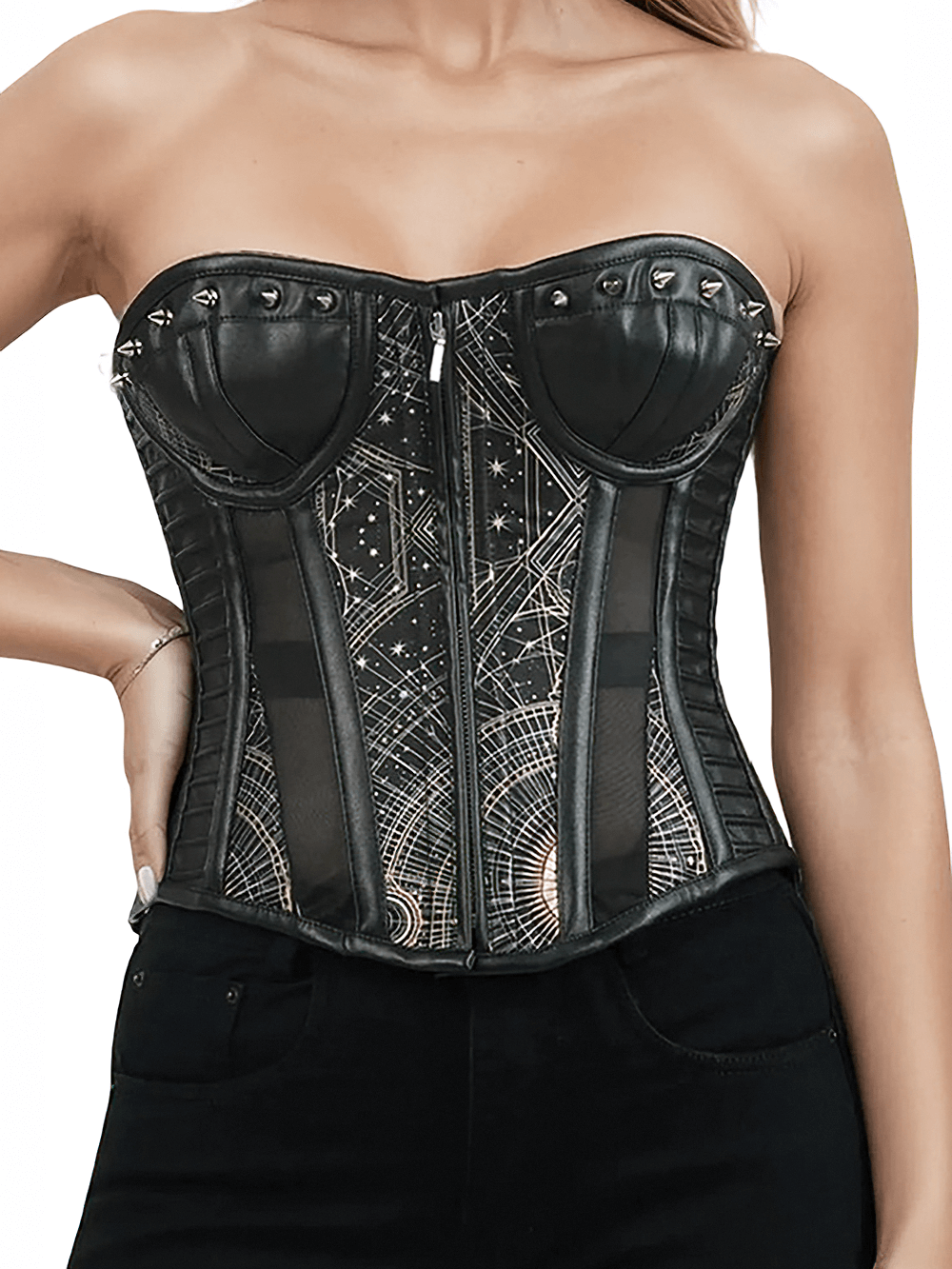 Celestial Geometry Gothic Overbust Corset with Studs featuring black and gold astral print and studded details.