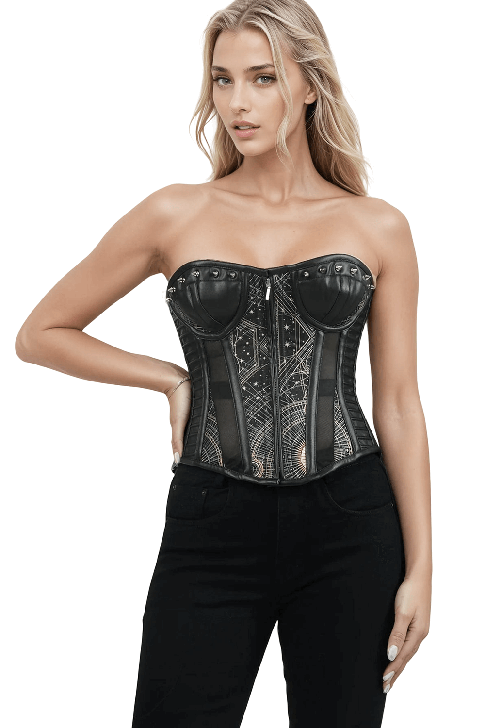 Celestial Geometry Gothic Overbust Corset with Studs worn by a model showcasing its intricate design and structure.