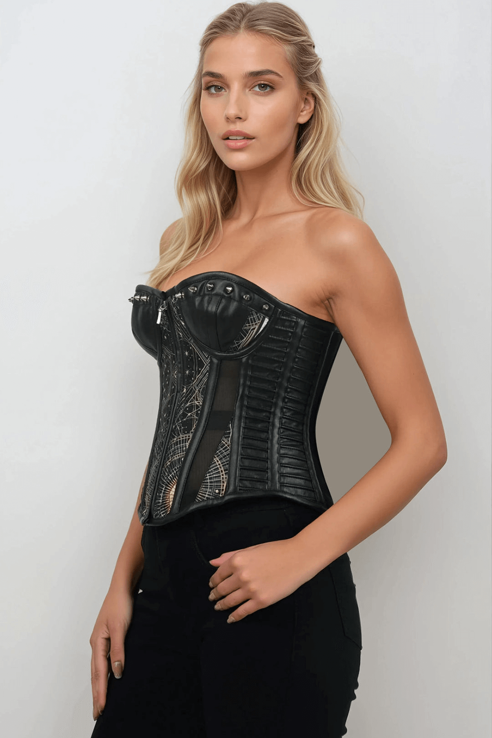 Celestial Geometry Gothic Overbust Corset with Studs shown on model, featuring black fabric and studded details.