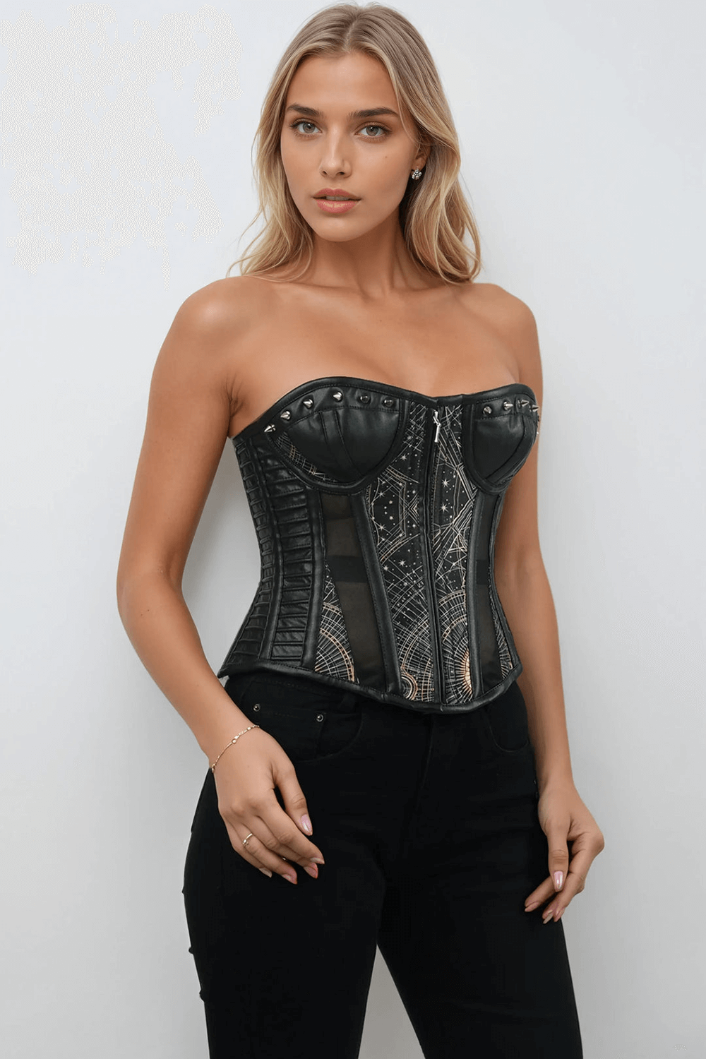 Celestial Geometry Gothic Overbust Corset with Studs showcasing celestial print and studded details on a model.