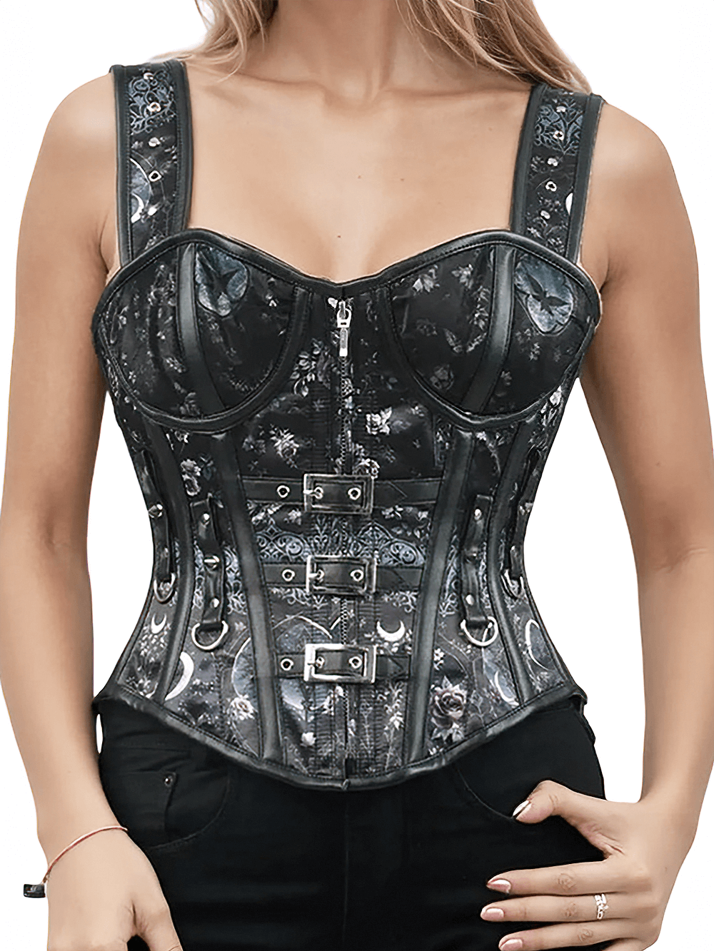 Celestial Gothic Floral Corset with Buckles and Straps showcasing dark floral design and satin finish.