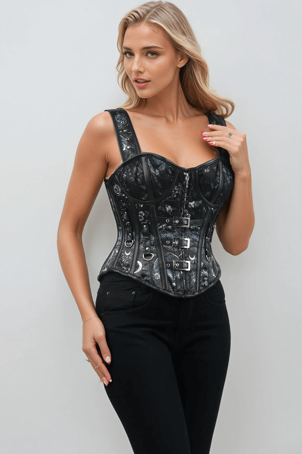 Celestial Gothic Floral Corset with Buckles and Straps worn by a model, showcasing its exquisite design and details.