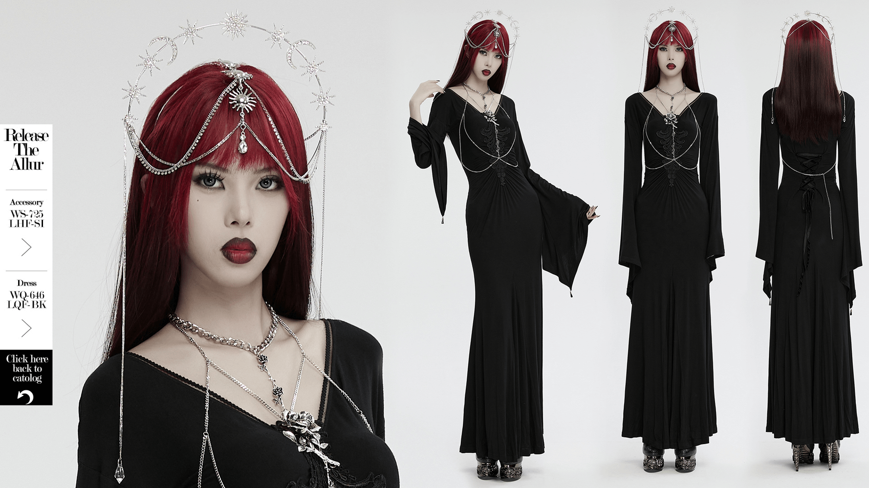 Celestial gothic headpiece with stars, moons, and crystal chains worn by model in black dress.