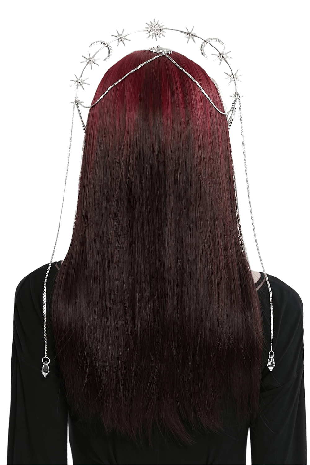 Celestial gothic headpiece with star, moon, and crystal chains, worn by a model with long red hair.