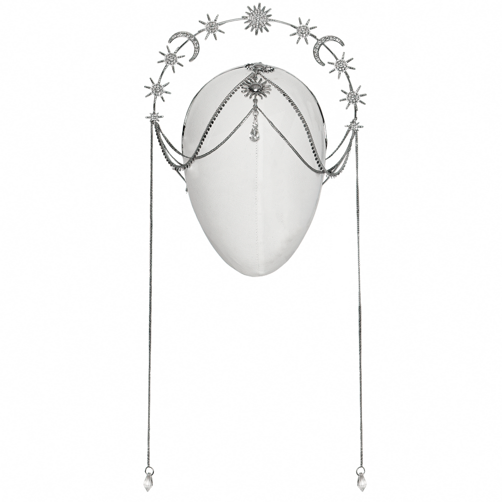 Celestial Gothic Headpiece with star, moon, and sun design, featuring crystal chains and dazzling diamond-like embellishments.