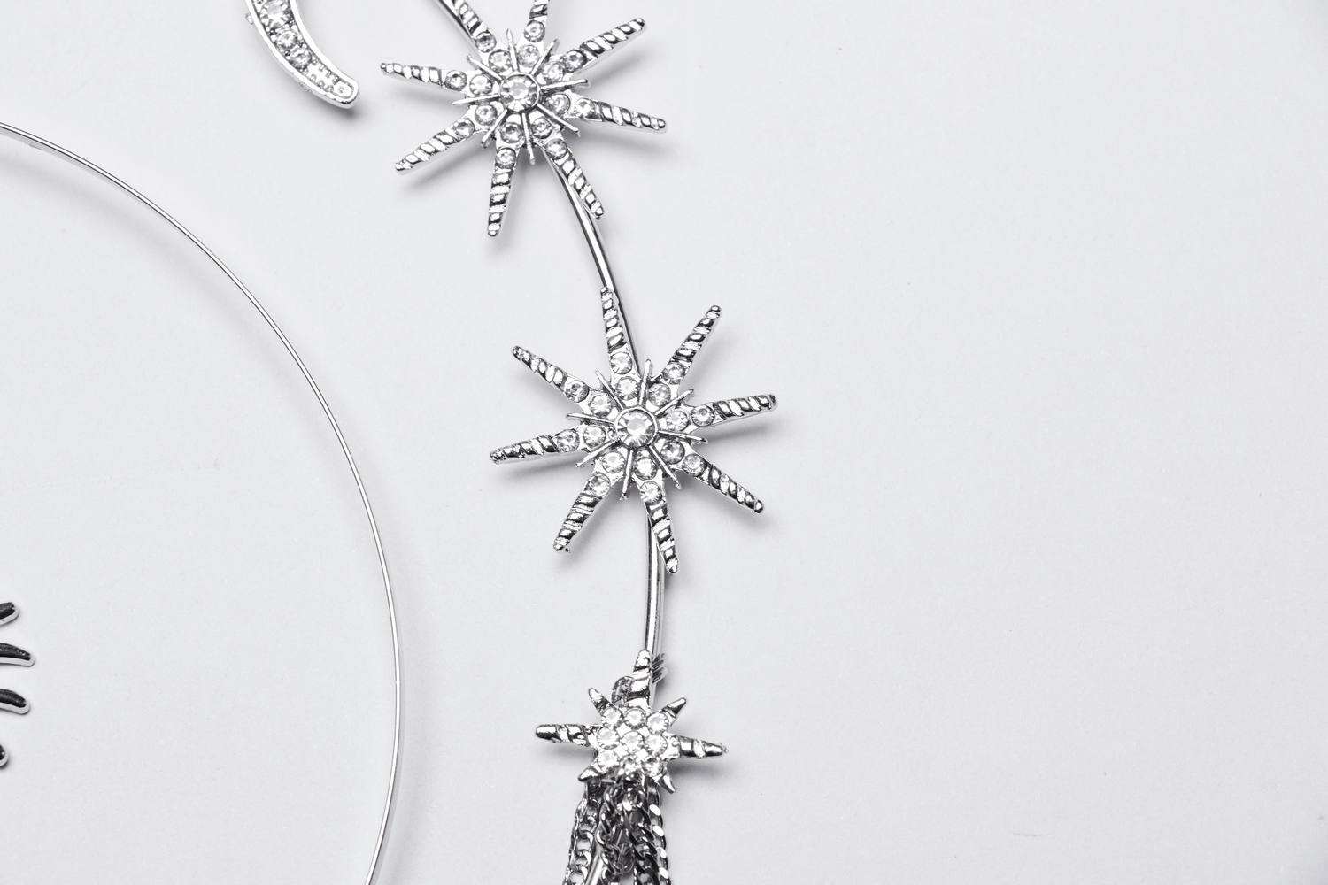 Celestial Gothic headpiece close-up featuring sparkling stars and shimmering crystals.