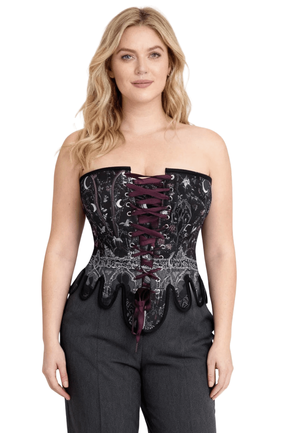 Celestial Gothic Overbust Corset with Lunar Print Details showcases a stunning black corset with silver print and lace-up design.