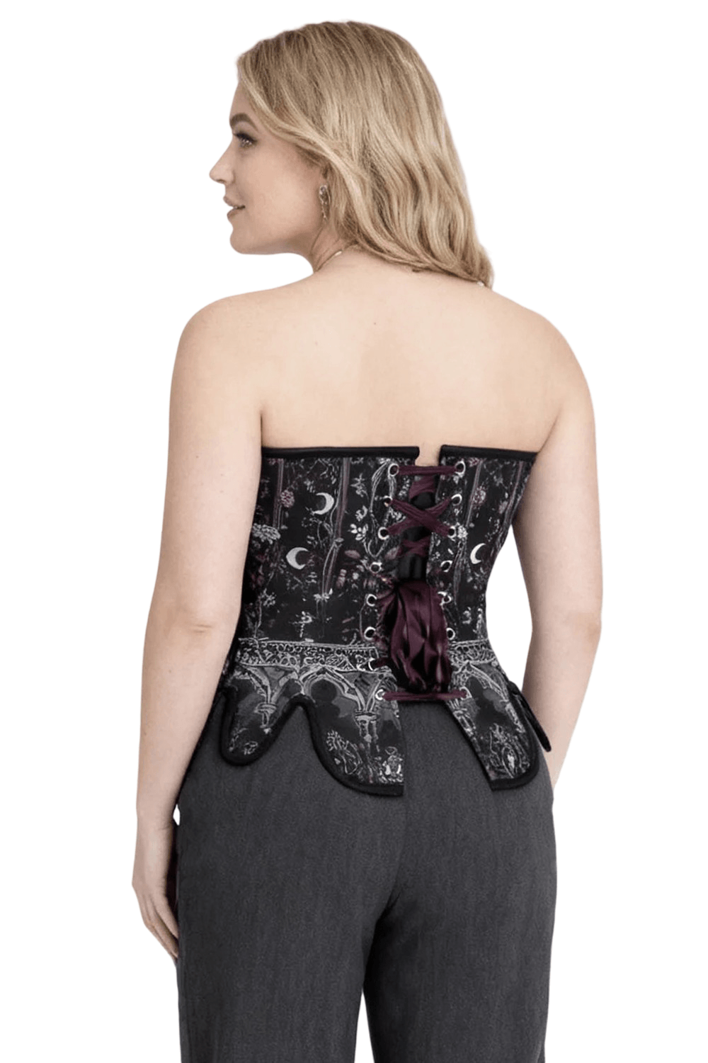 Celestial Gothic Overbust Corset with Lunar Print Details, showcasing lace-up back and dramatic silhouette.