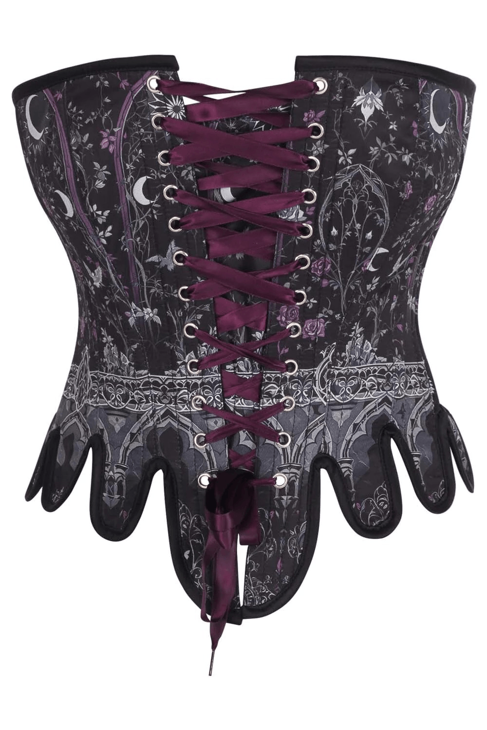 Celestial Gothic Overbust Corset with Lunar Print Details featuring dramatic lace-up back and celestial motifs.