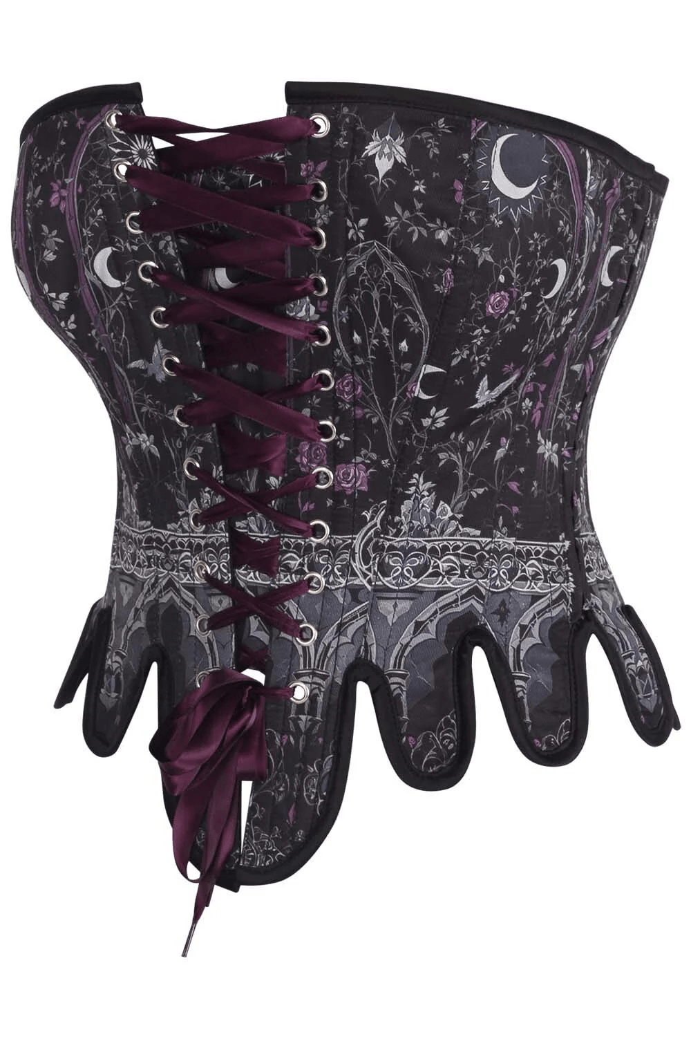 Celestial Gothic Overbust Corset with Lunar Print Details featuring celestial motifs and a dramatic lace-up design.