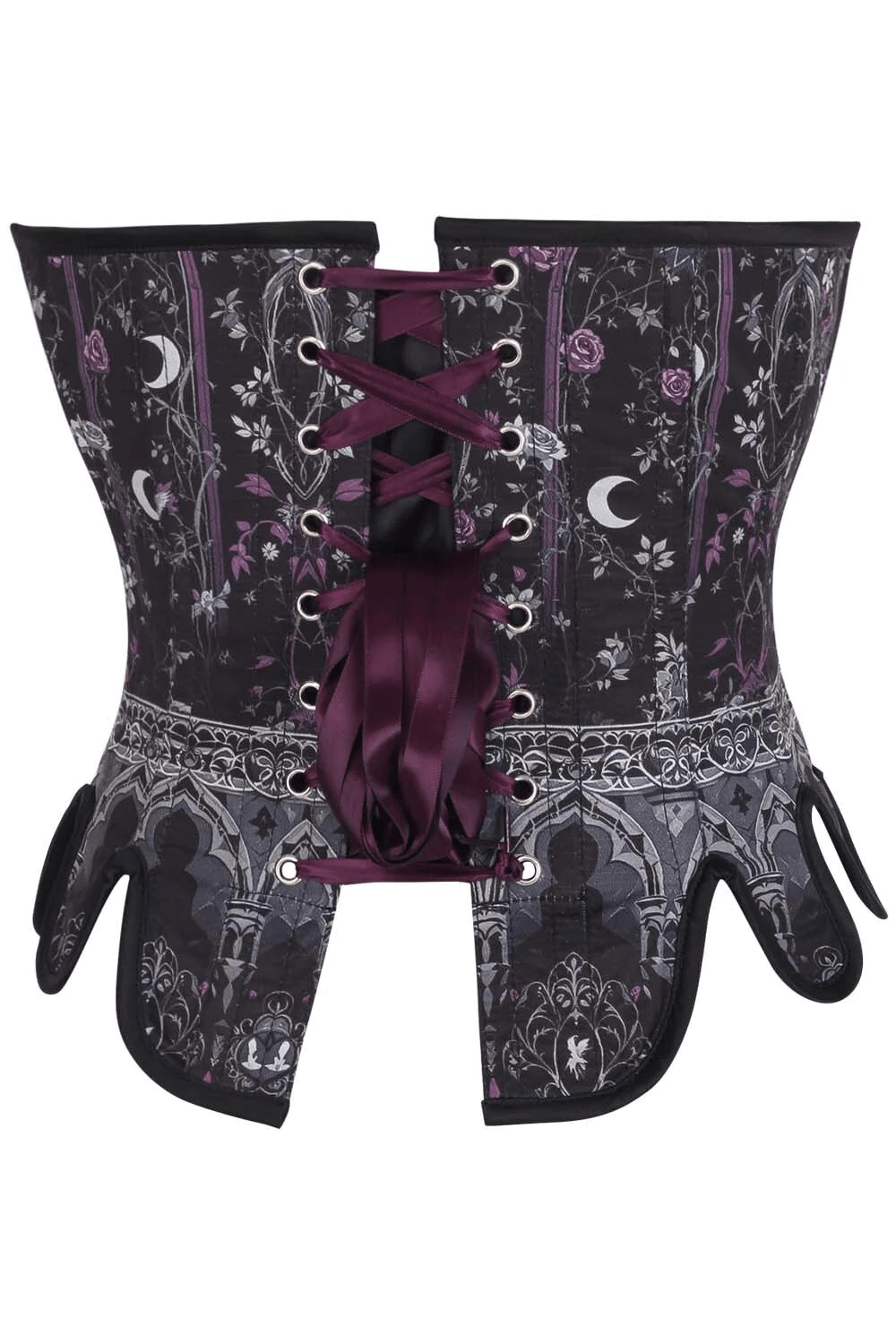 Celestial Gothic Overbust Corset with Lunar Print Details featuring black, silver, and deep burgundy tones.