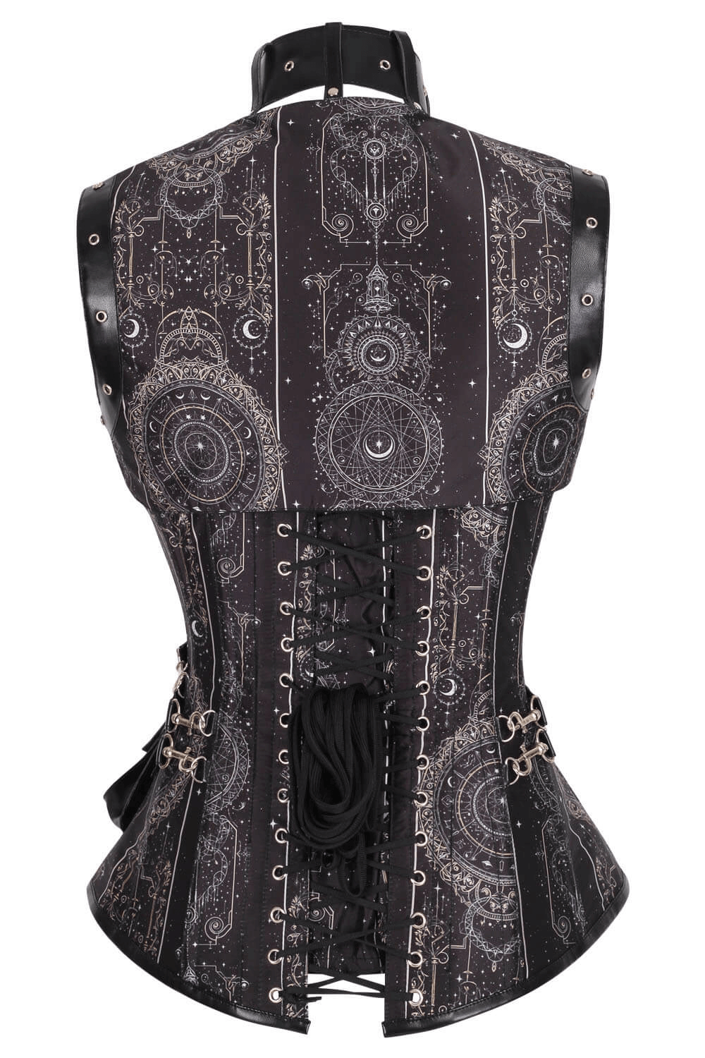Alt Tag: Celestial Steampunk Overbust Corset and Shrug with Pouch back view, gothic astrology moon star print steel boned corset with lacing