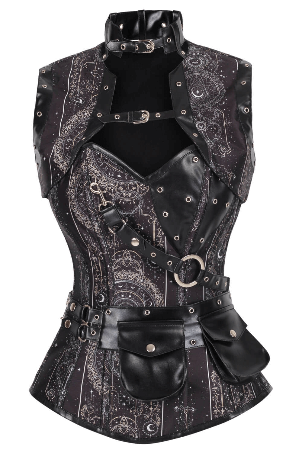Alt Tag: Celestial Steampunk Overbust Corset and Shrug with Pouch gothic astrology print steel-boned corset with faux leather shrug and pouch