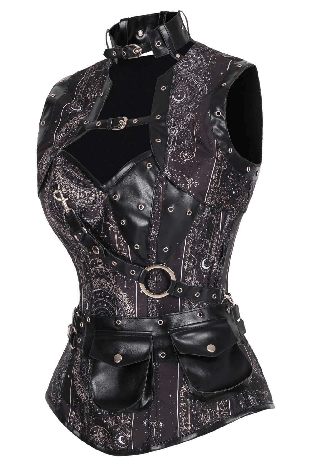 Alt Tag: Celestial Steampunk Overbust Corset and Shrug with Pouch gothic astrology print corset with faux leather shrug and utility pouch belt