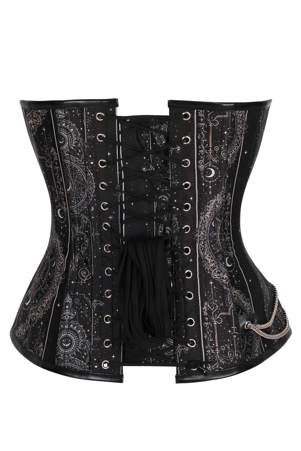 Alt Tag: Celestial Steampunk Overbust Steel Boned Corset in black celestial print with steel boning and lace-up back — waist-cinching magic