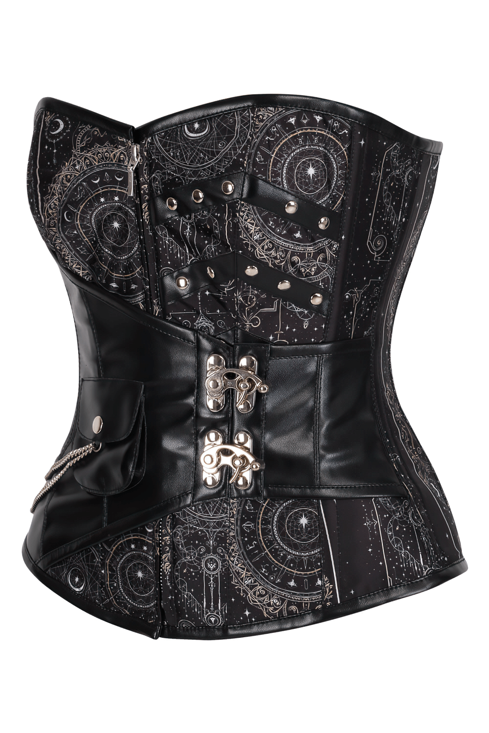 Alt Tag: Celestial Steampunk Overbust Steel Boned Corset in black with celestial star map print, steel boning, front busk closure
