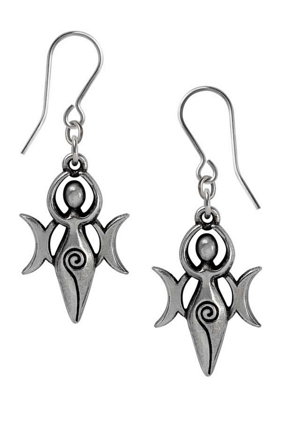 Handmade pewter earrings featuring the Celtic goddess symbol and triple moon design for Wiccan lovers.